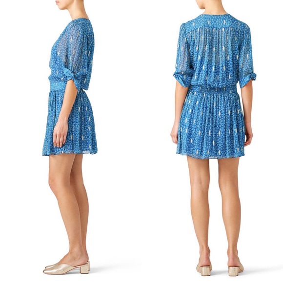 ba&sh Madrid Silk Metallic Print Blouson Mini Dress S Bohemian Lightweight Pleat - Picture 4 of 11